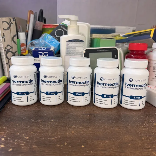 Five bottles of Complete Supplements Ivermectin lined up in a row